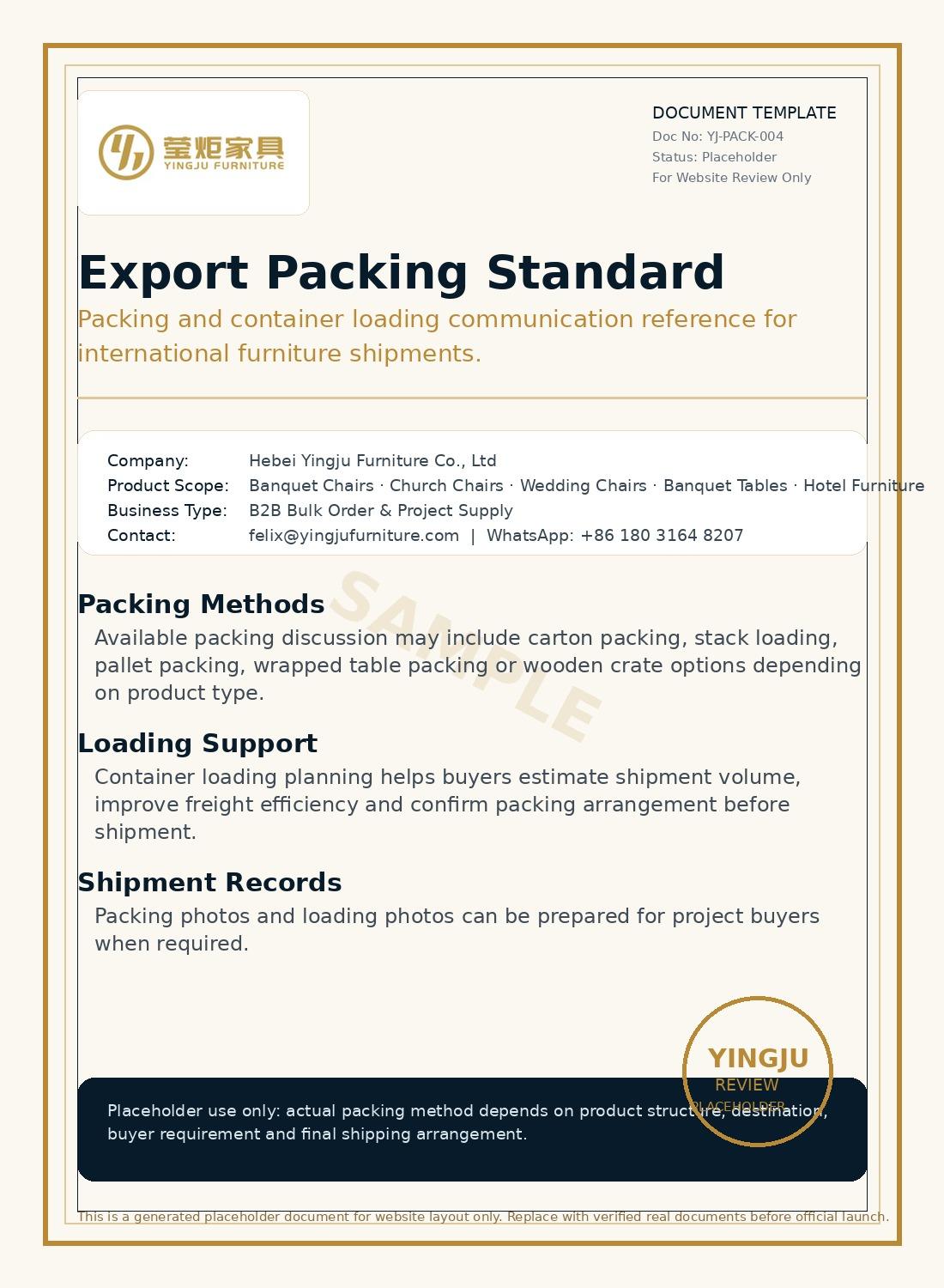 Yingju Furniture export packing standard for overseas furniture shipments