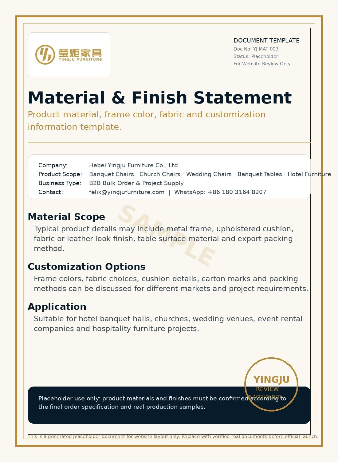 Yingju Furniture material and finish statement for custom event furniture