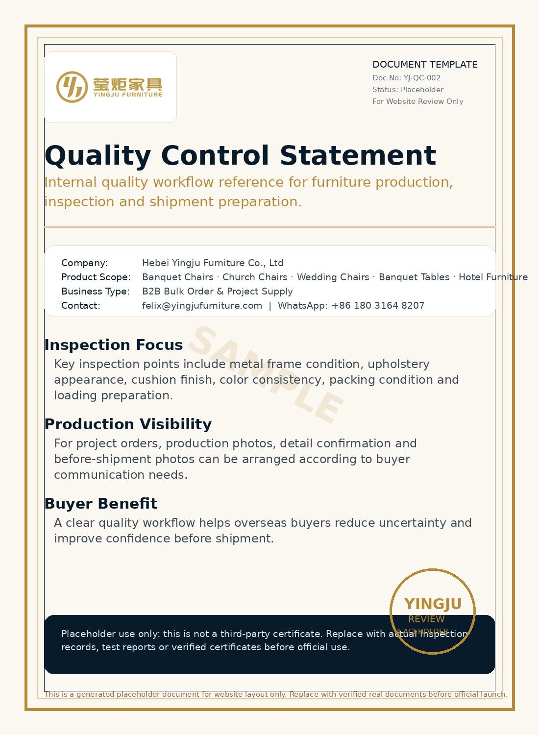 Yingju Furniture quality control statement for banquet chairs and hotel furniture