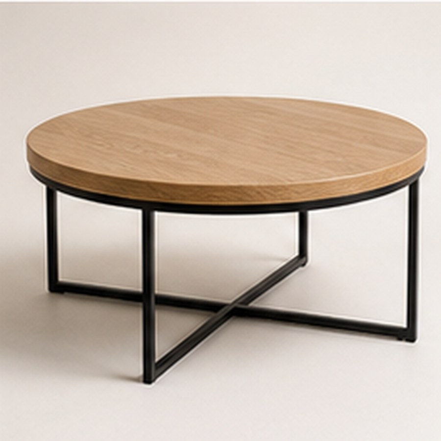 Vintage Minimalist Oak Round Coffee Table with Iron Legs