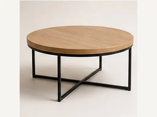 Vintage Minimalist Oak Round Coffee Table with Iron Legs