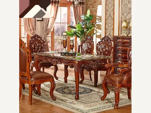 Family dining room furniture: rectangular carved luxury marble dining table
