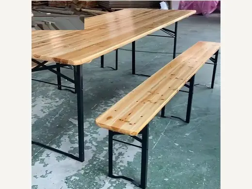 Outdoor wooden foldable beer garden table and chairs, with metal legged beer folding stools