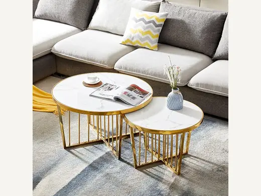 Contemporary golden white marble coffee table, luxurious farmhouse living room furniture, metal frame dining room decoration
