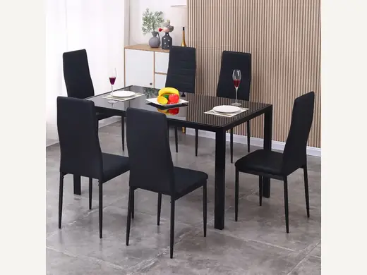 Modern budget restaurant furniture, 120cm tempered glass dining table and 4 leather chairs, restaurant set