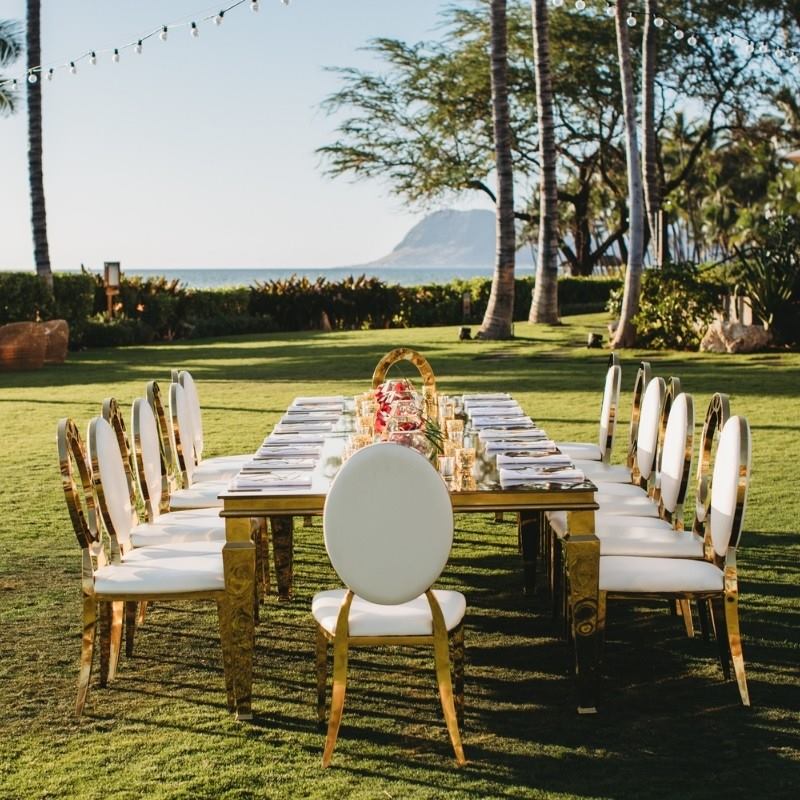 Gold Stainless Steel Chair Cross Back Bride Groom Wedding Chairs and Table Set