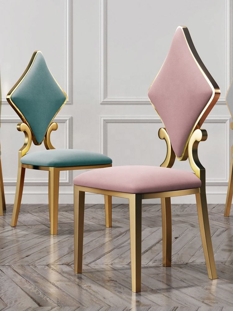 Selling light luxury modern gold stainless steel poker diamond shaped backrest banquet chairs for weddings image 2