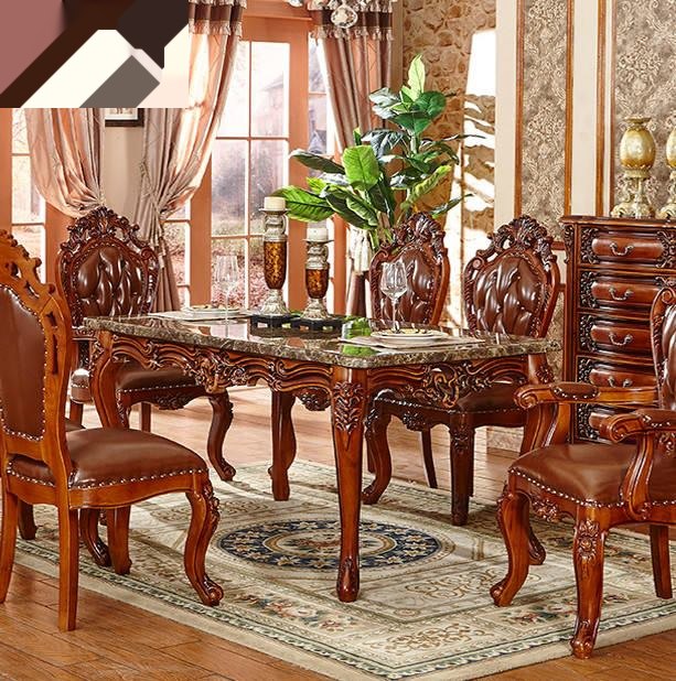 Family dining room furniture: rectangular carved luxury marble dining table