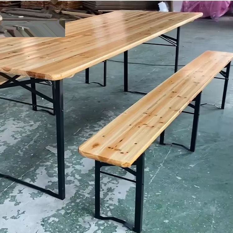 Outdoor wooden foldable beer garden table and chairs, with metal legged beer folding stools
