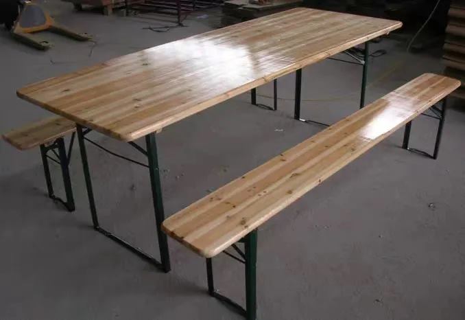 Outdoor wooden foldable beer garden table and chairs, with metal legged beer folding stools image 3