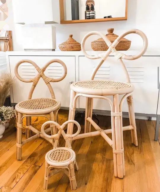 Nordic rattan hand-woven children's chair, metal bowknot, rainbow rabbit, minimalist, home use, solid wood dining chair, lounge chair image 3