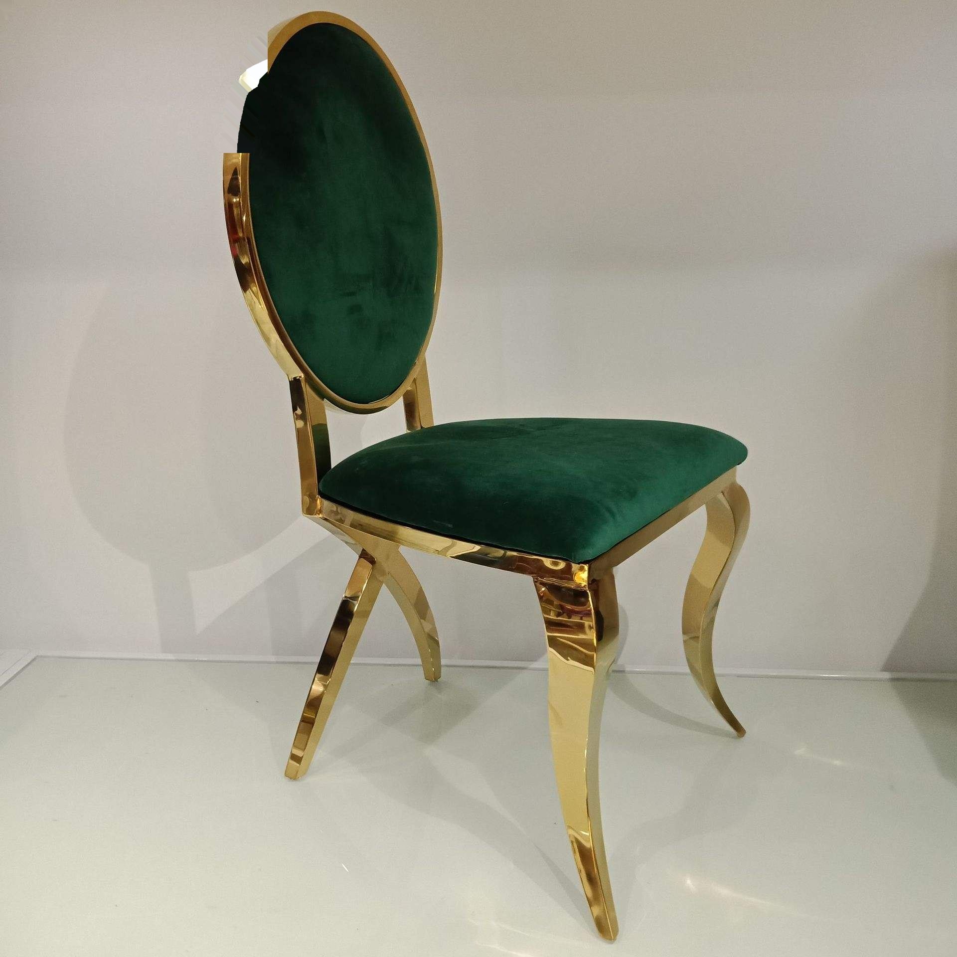 Luxurious golden stainless steel movable wedding chairs, royal green velvet chairs