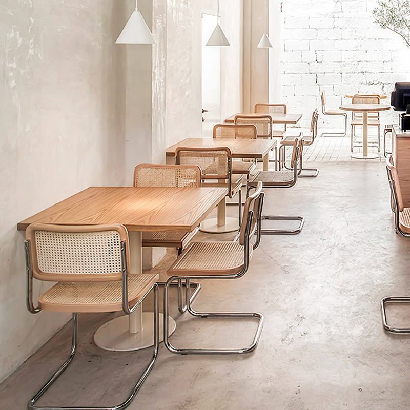 Coffee shop rural dining table and chair, cantilever chair, mesh ergonomic stainless steel vintage dining table and chair image 2