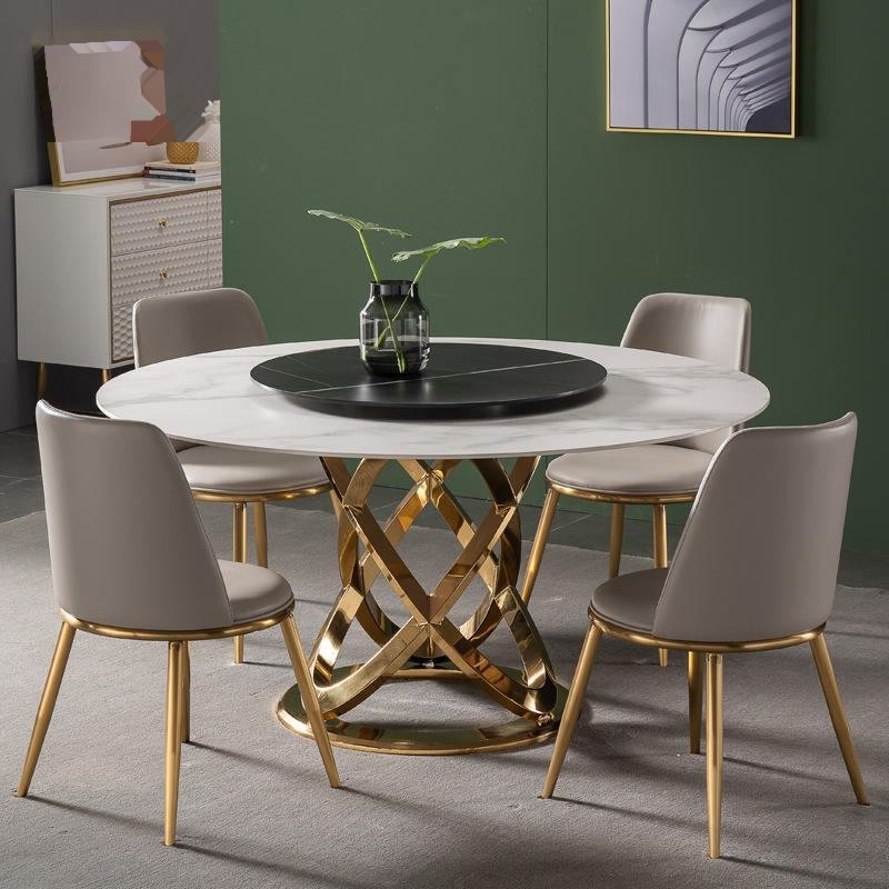 Luxurious Italian design rock board sintered stone marble rotating center circular dining table set image 2