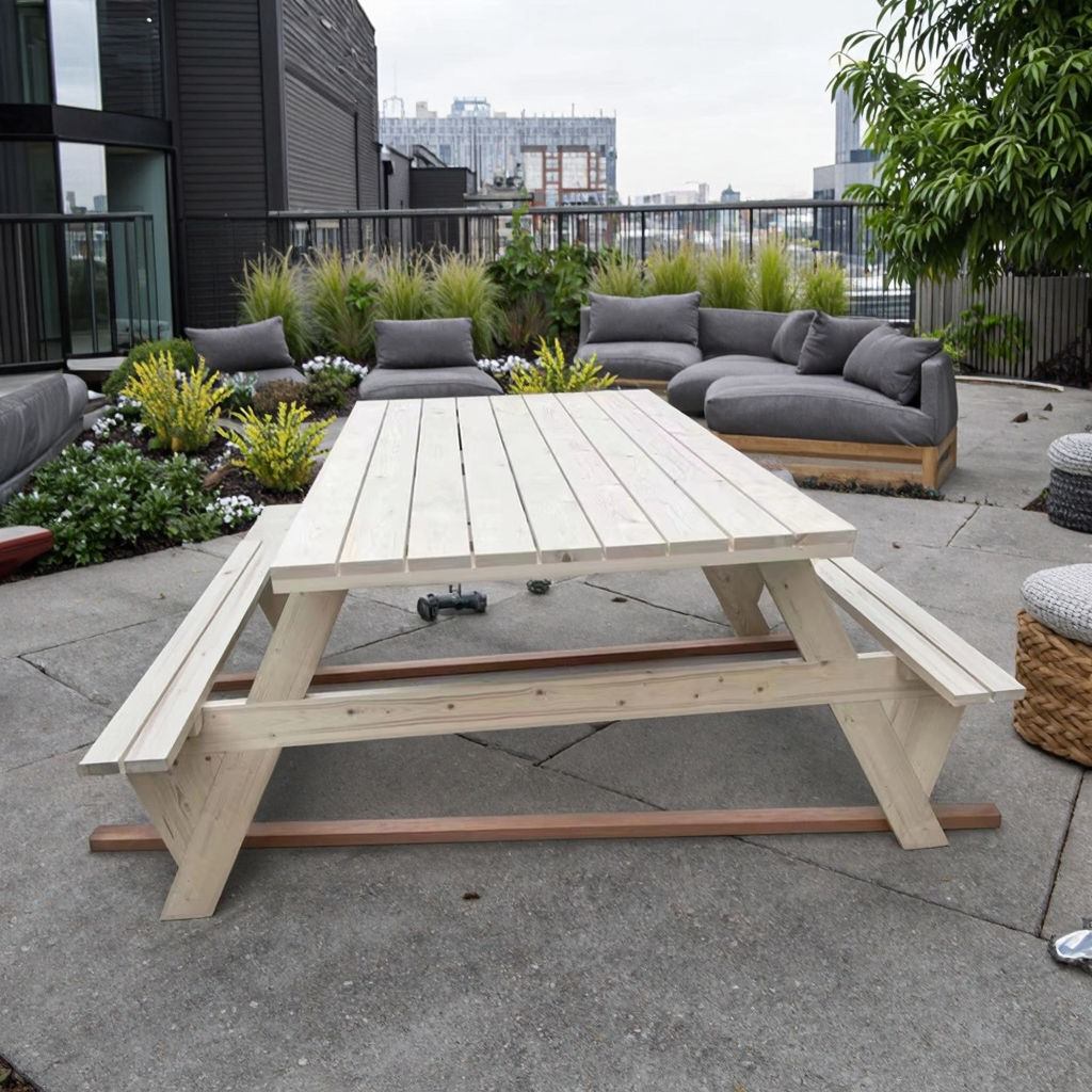 Modern outdoor wooden picnic table and bench set, portable farmhouse and camping easy to assemble image 2
