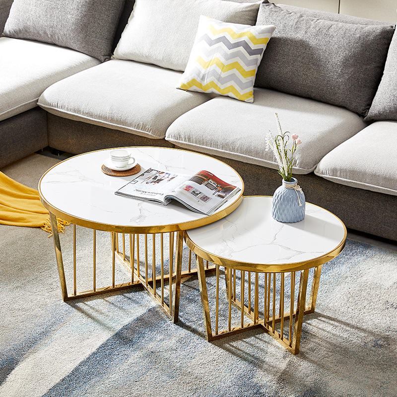 Contemporary golden white marble coffee table, luxurious farmhouse living room furniture, metal frame dining room decoration