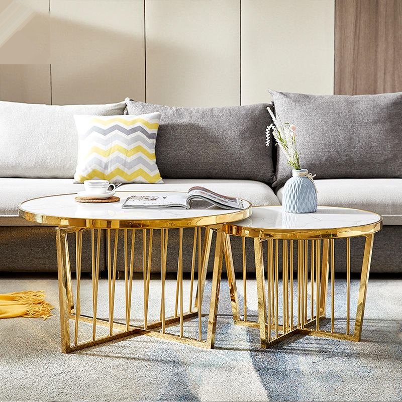Contemporary golden white marble coffee table, luxurious farmhouse living room furniture, metal frame dining room decoration image 2