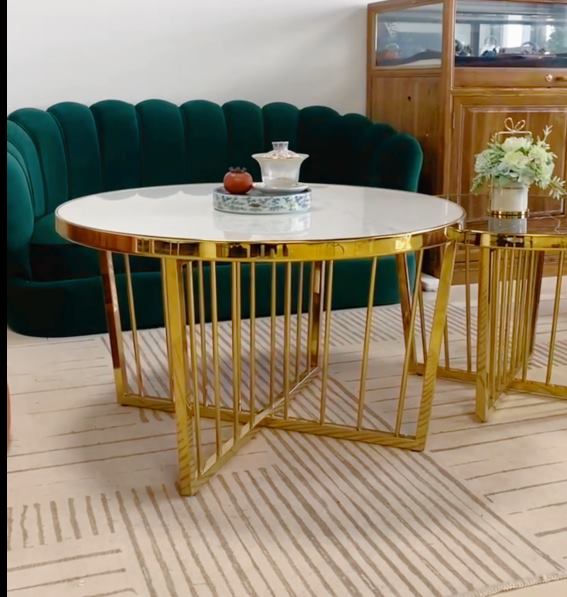 Contemporary golden white marble coffee table, luxurious farmhouse living room furniture, metal frame dining room decoration image 4